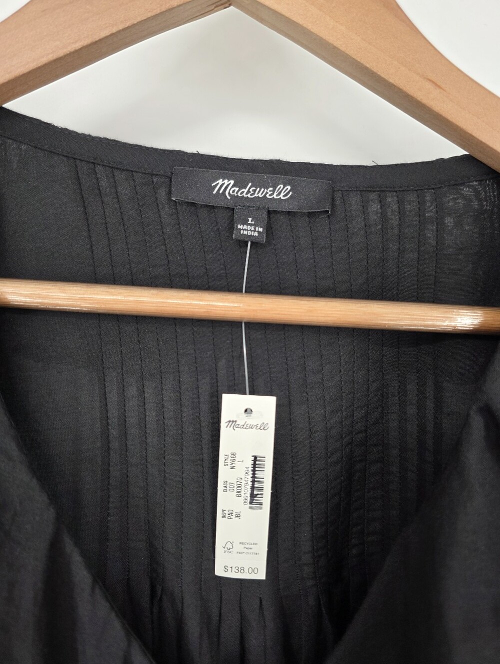 Madewell Black Lace-Insert Ruffled Pintuck Long-Sleeve Top, Sz L - Picture 10 of 15